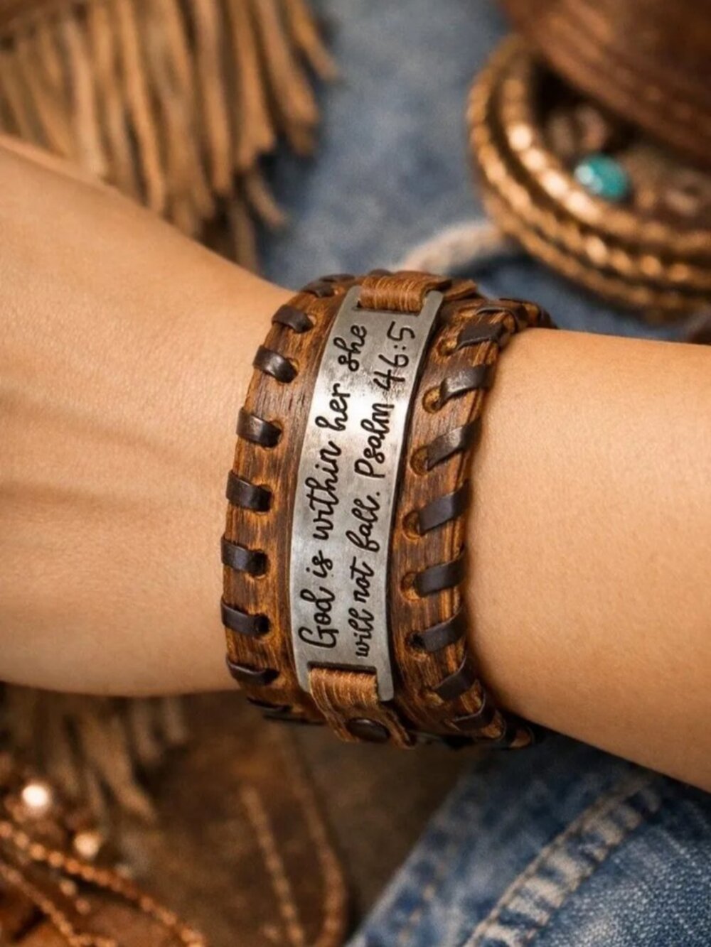 Western Luxe Bracelet — “God Is Within Her” Leather Strap Bracelet